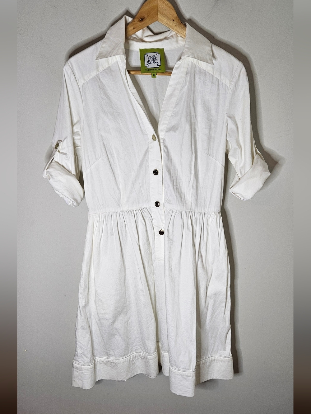 Elizabeth McKay Grace Dress White Shirtdress Cotton Spandex Button Front 6
